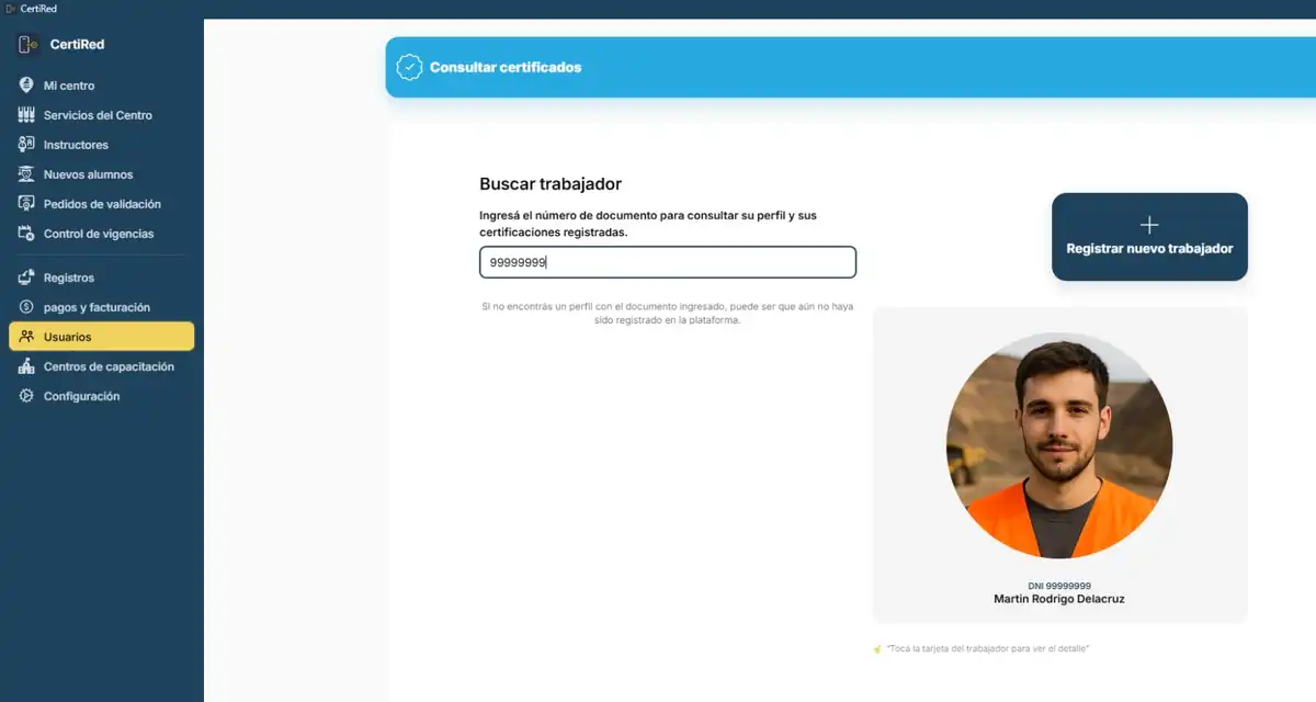 Búsqueda de un trabajador por número de documento dentro del panel de CertiRed