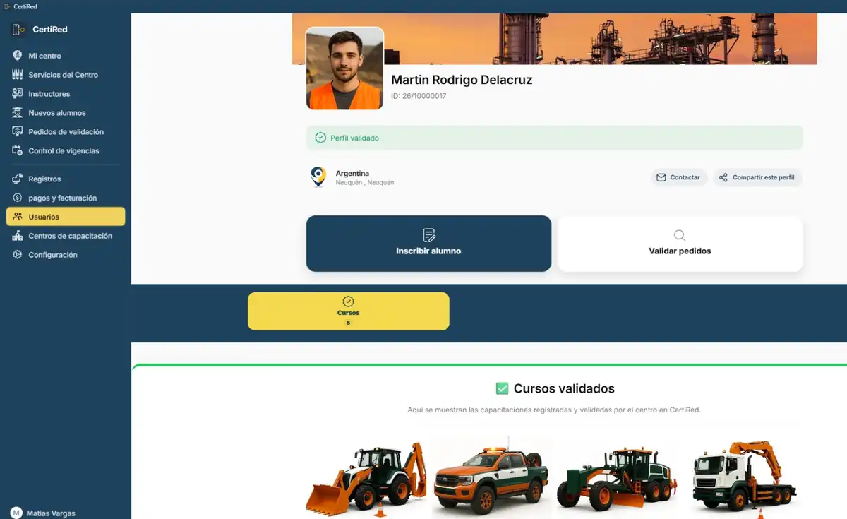 Perfil de un trabajador con sus cursos validados por el centro